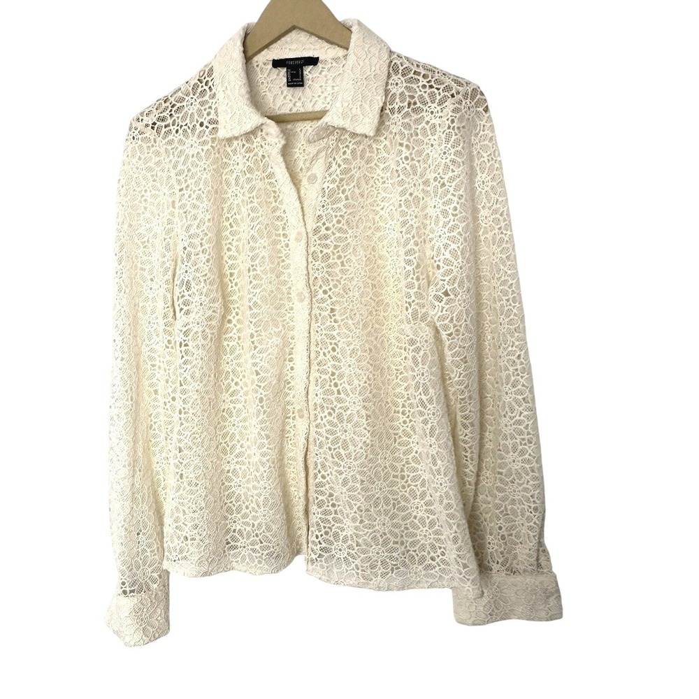 Forever 21 Cream Floral Lace Button Down Long Sleeve Shirt Large Ivory Sheer‎